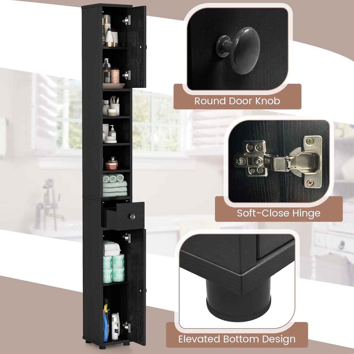 71" Tall Narrow Bathroom Storage Cabinet, Modern Skinny Toilet Paper Storage Organizer w/1 Drawer, 2 Doors & 5 Adjustable Shelves, Slim Tower Floor Cabinets for Small Spaces