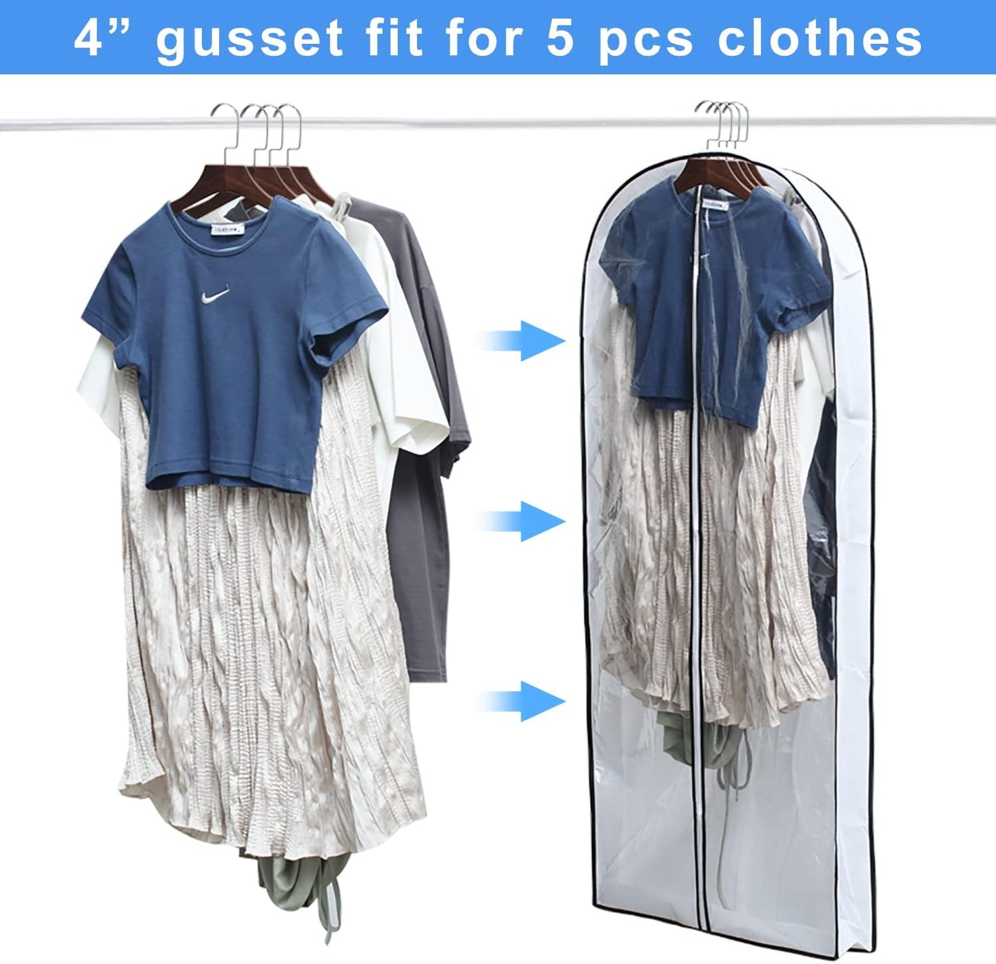 Hanging Clothes Storage with 4" Gusseted Garment Covers (Set of 6) - Clear Suit, Gown, Long Coat, Dress Protectors for Closet - 24"x 50"x 4" / 6 Pack
