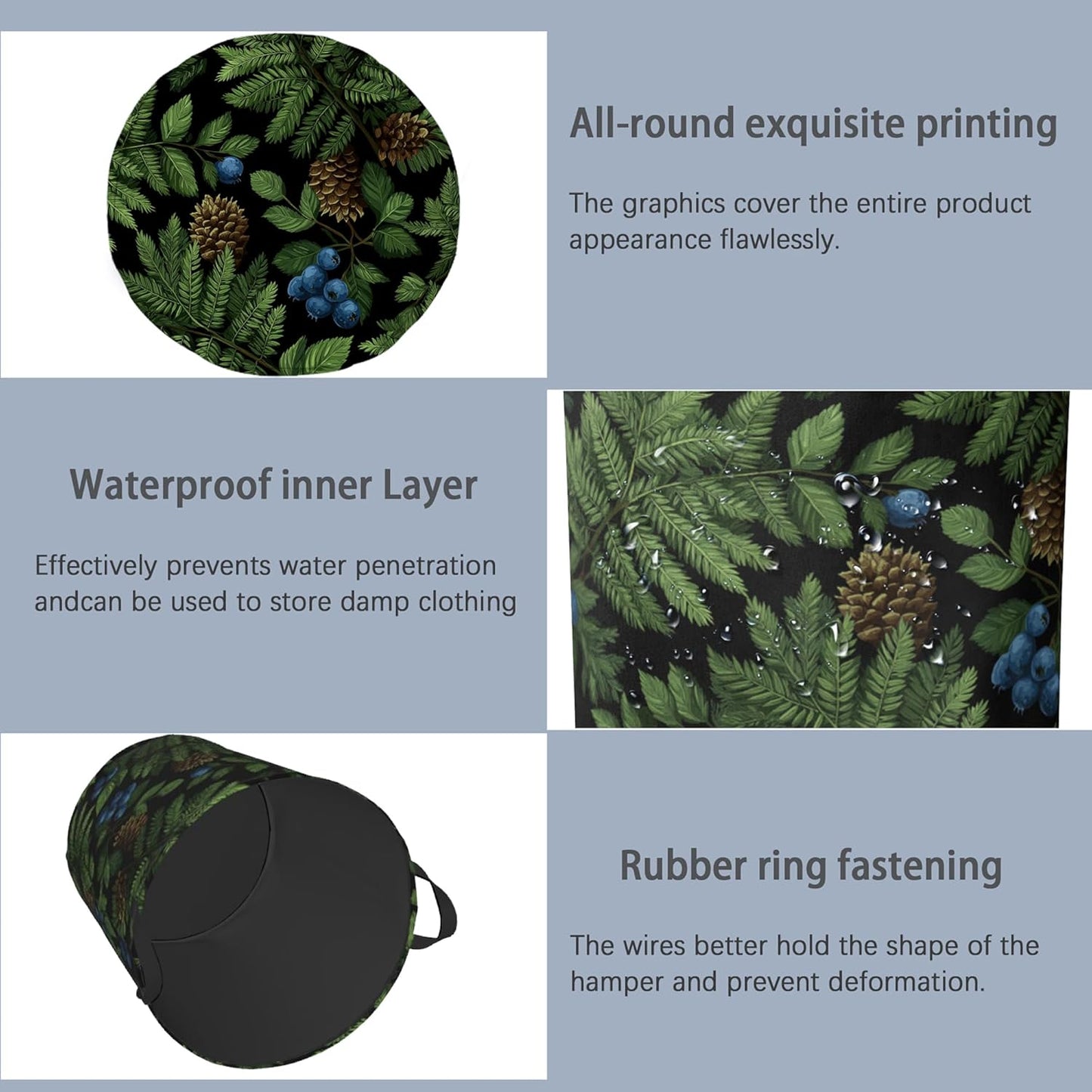 Ferns Blueberry Laundry Basket,Nuts Foldable with Handles Tote Bag Oxford Cloth for Bathroom Bedroom Dirty Clothes Storage Bucket 16" x 20.8"