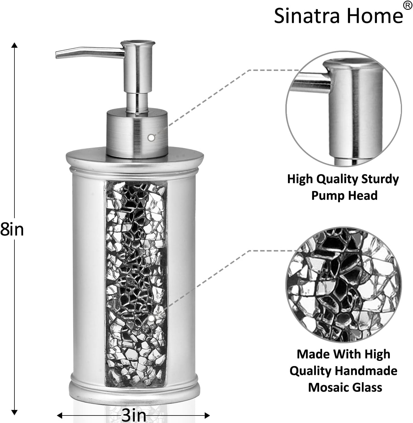 Zahari Home 4pc Sinatra Stylish Bathroom Accessories Set Liquid Soap Dispenser, Tumbler, Tooth Brush Holder and Soap Dish Modern Classic Luxury Decor Bling Mosaic Glass Silver Bathroom Accessories