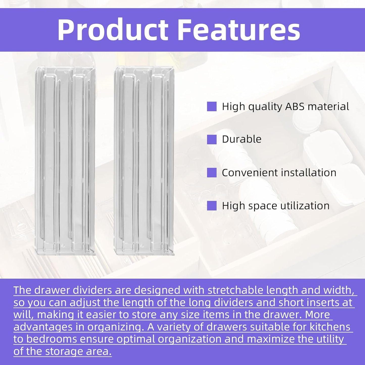 4 pcs Invisible Drawer Divider 10-20'' Adjustable Drawers Organizers for Kitchen Utensils, Bedroom, Dresser, Office Organization and Storage