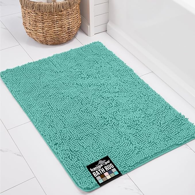 KANGAROO Bathroom Rugs, Chenille Soft Absorbent Bath Rug, Shaggy Shower Mat, Quick Dry Machine Wash Bathmat, Plush Carpet Mats for Tub, Bathtub and Room Home Decor Accessories, 36x24, Turquoise