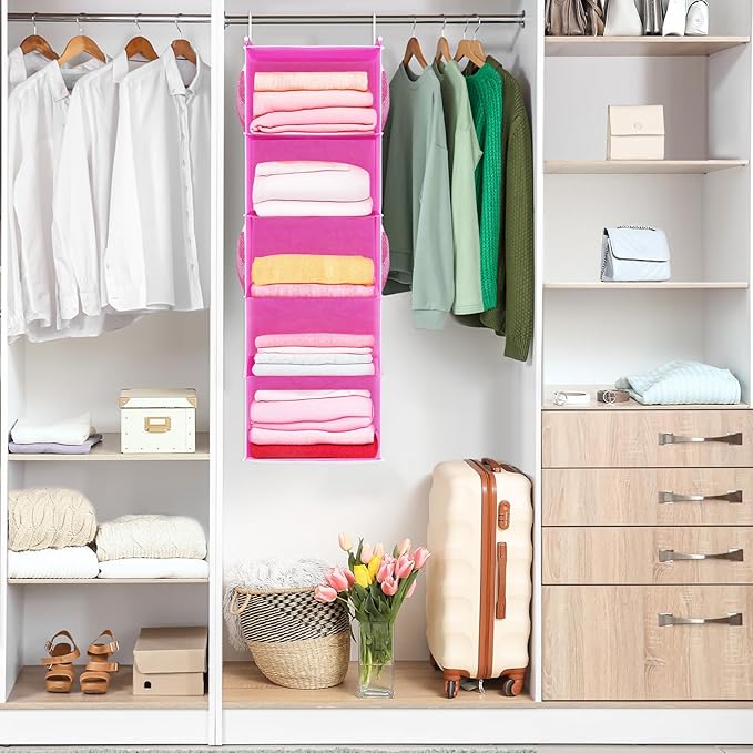 MAX Houser 5-Shelf Hanging Closet Organizer, Hanging Storage Shelves with 4 Side Pockets Space-Saving for Bedroom, Foldable (Pink)