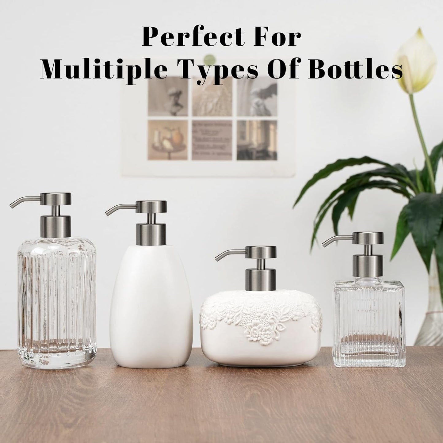 Soap Dispenser Pump Replacement 304 Stainless Steel for Regular Mouth Bottle for Standard 28/400 Thread Size Kitchen Bathroom Lotion Refill Flat Top Dispenser Pumps 2 Pack(Brushed Nickel)