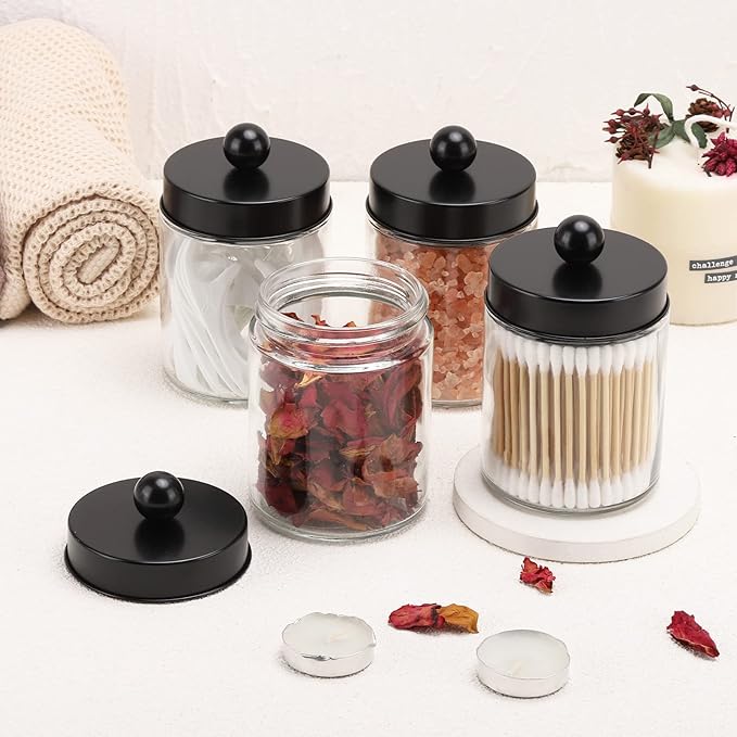 Tbestmax Glass Qtip Holder Dispenser, 10-Ounce Bathroom Containers Apothecary Jars with Metal Lids for Cotton Ball Swab Pad, Black (4 Pack)