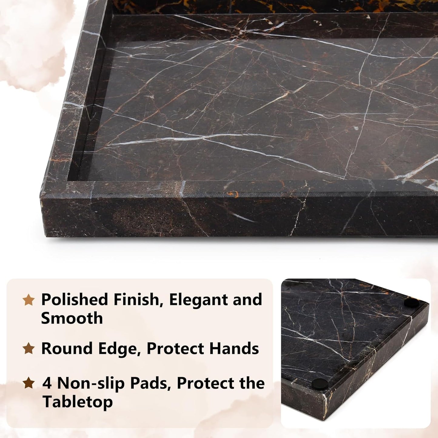 Real Natural Marble Tray for Bathroom, Vanity, Kitchen and Desktop, Rectangle Genuine Marble Stone Tray for Jewelry, Cosmetics, Candles, Lotion, Perfume and Home Decor Brown