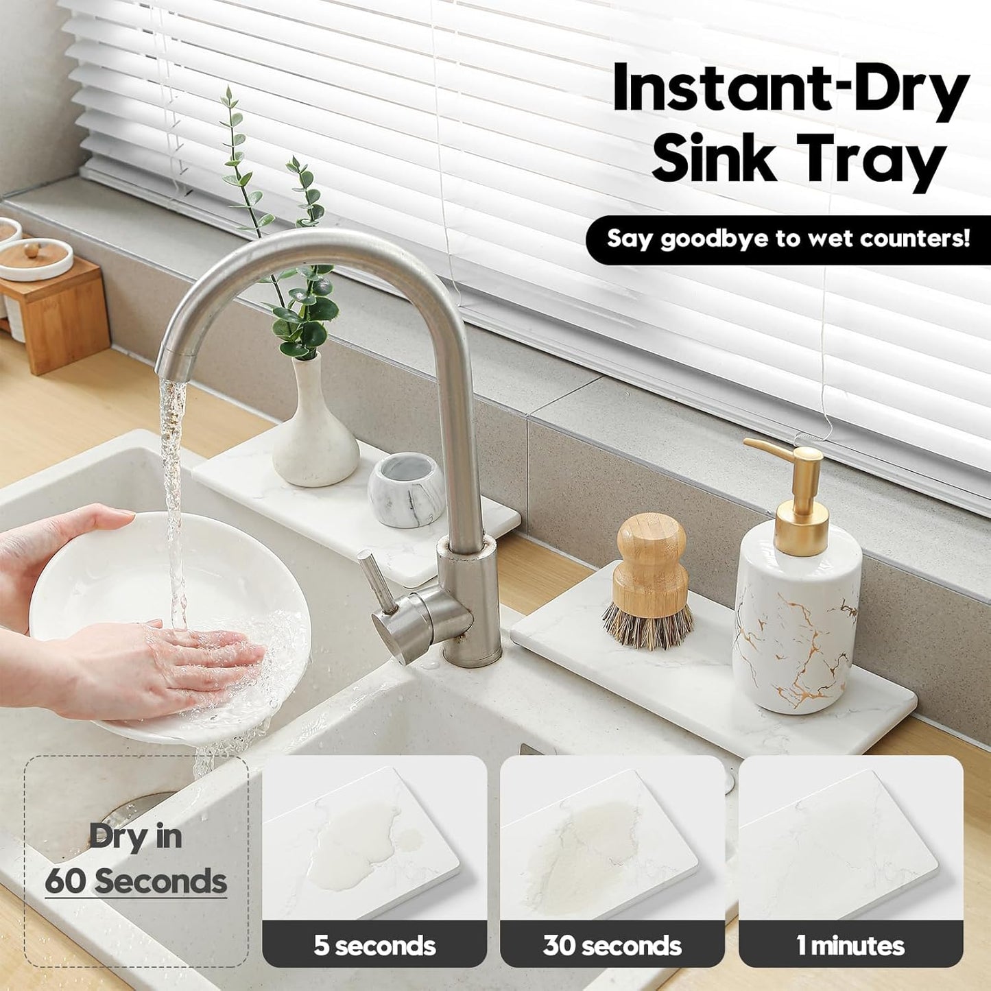 2PCS 10"x 5" Large Bathroom Sink Vanity Trays, Water Absorbing Diatomite Stone Quick Drying Mat for Kitchen Counter, Dish Rack Dispensers Sponge Holder Caddy Organizer, Marble White, 10"x 5"