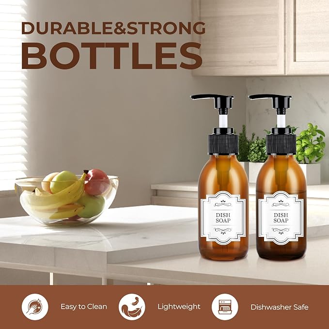 Amber Glass Soap Dispenser 4 oz, Homepicker Glass Pump Bottle with Pump for Lotion Body Oil, 125ml Hand and Dish Soap Dispensers Set with 1 Extra Pump & Labels - 2 Pack