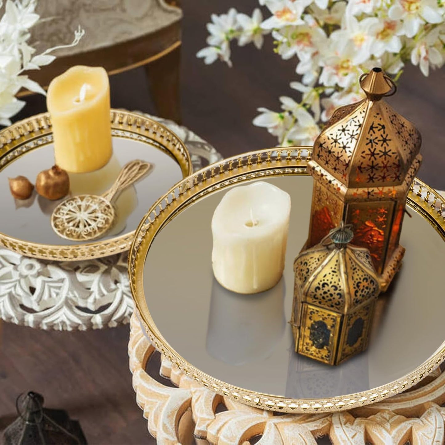 Gold Mirrored Vanity Tray for Bathroom Counter,Metal Decorative Jewelry Storage Tray Cosmetic Perfume Organizer for Dresser,Bedroom,Home Decor,Suit for Candle Holder,Coffee Table Centerpiece,S