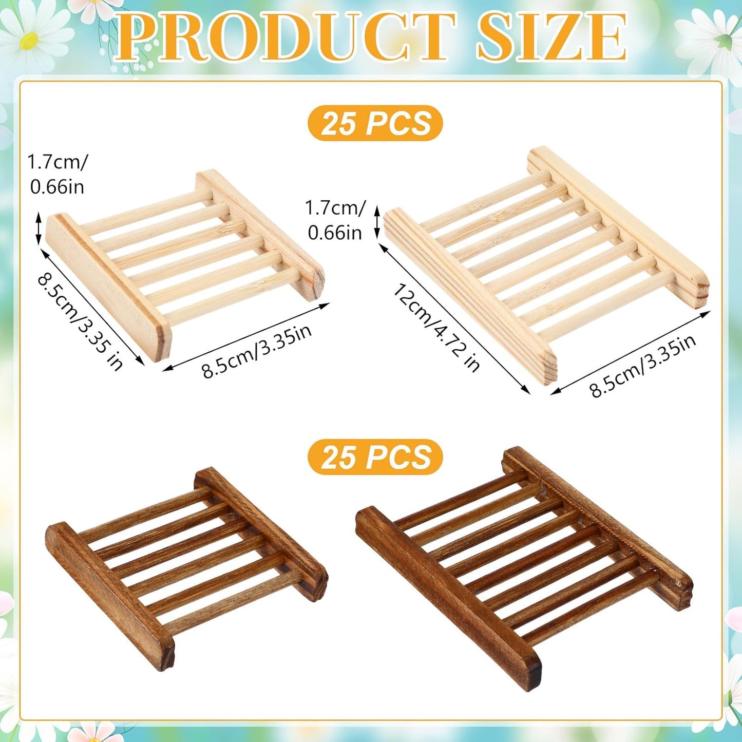 Sawysine 50 Pcs Bamboo Soap Holder Bulk Wood Soap Dish Bathroom Wooden Tray Saver Hand Craft Bathtub Self Draining Dish for Bar Kitchen, Gifts for Christmas, 2 Sizes(Charcoal and Wood Color)