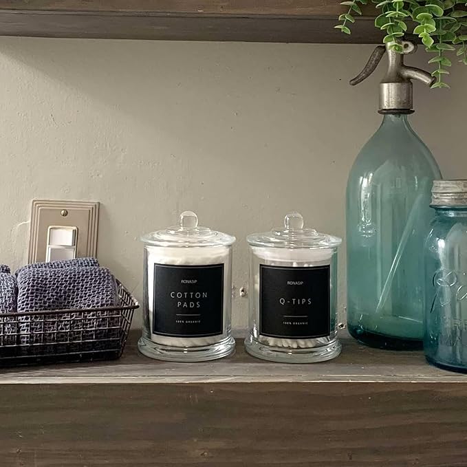 Qtip Holder & Cotton Pad Dispenser, Bathroom Organizer and Storage Canisters, 16oz Glass Apothecary Jars for Kitchen, Restroom - Home Decor, Room Decor Aesthetic (2 Pack, Transparent)