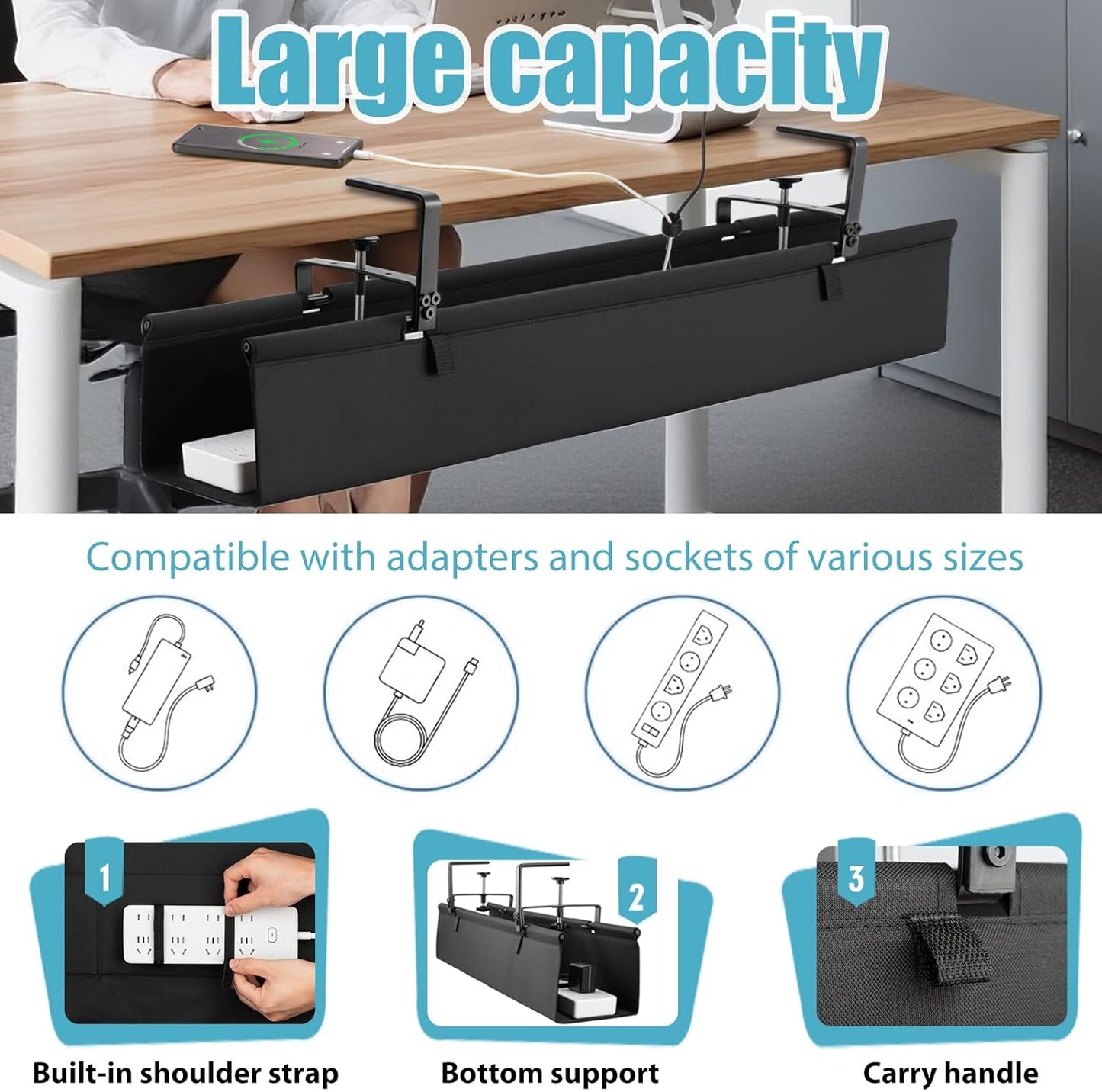 Oxford Cloth Under Desk Cable Management Tray,No-Drill 36" Desk Cable Management Organizer with Clip/Screw Installation,Holds Up to 70 lbs,Fabric Cable Management for Home,Office & Gaming Computer