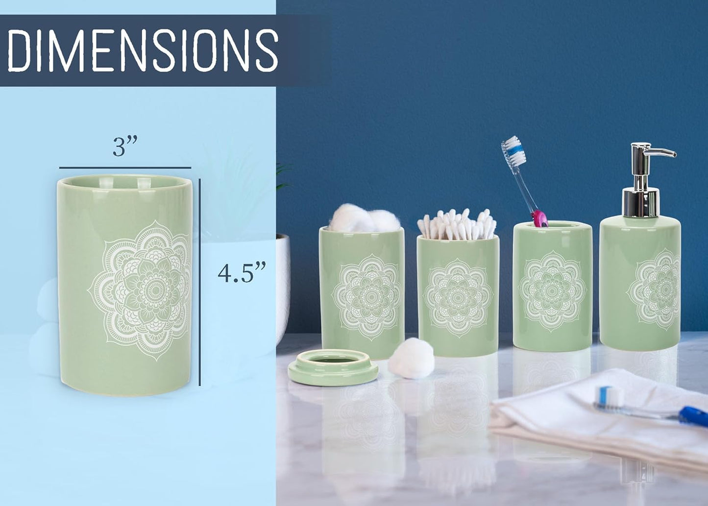 NAT & Jules Chic Modern Rounded 4.5 inch Ceramic Bathroom Accessories Set of 4 - Home Décor & Organization Perfect for Bath or Kitchen Household Essentials, Mandala Sage Green