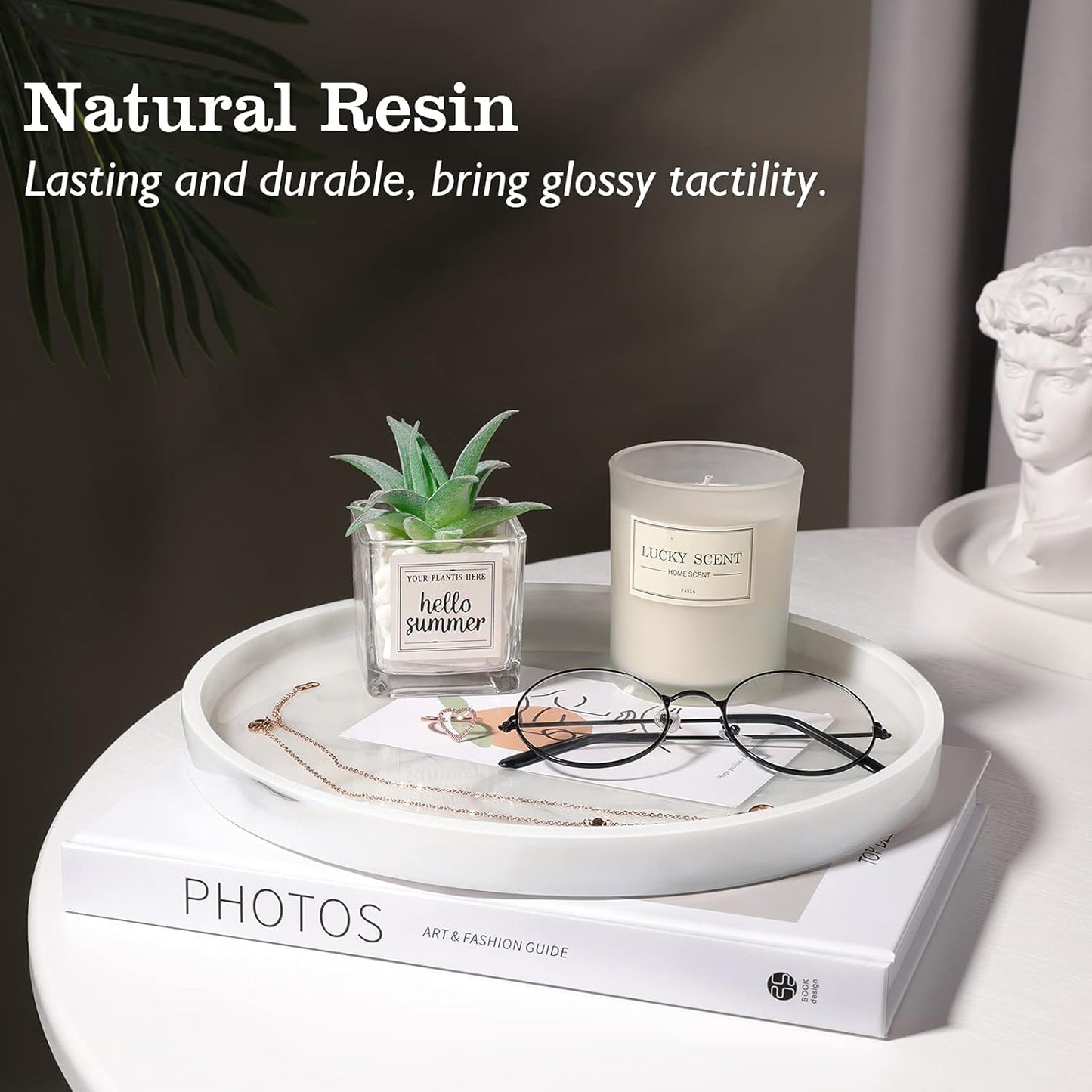 Emibele Vanity Tray, Resin Round Tray Decorative Storage Organizer for Bathroom Toilet Tank Bedroom Kitchen Countertop, Jewelry Storage Dresser Tray for Candle, Lotion Bottle, Cosmetics, Marble White