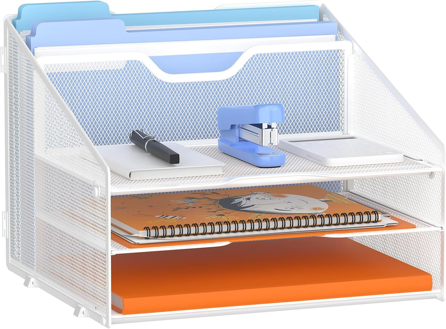 Letter Tray Organizer, Mesh Desk File Organizer with 3 Paper Trays and 2 Vertical Upright Section (White)