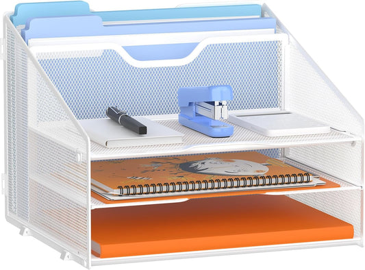 Letter Tray Organizer, Mesh Desk File Organizer with 3 Paper Trays and 2 Vertical Upright Section (White)