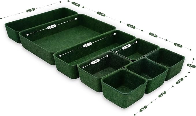 Welaxy Desk drawer organizer bins shallow trays felt storage desktop box for jewelry watches office supplies makeup small key holder minimalism 8-piece (Forest Green)