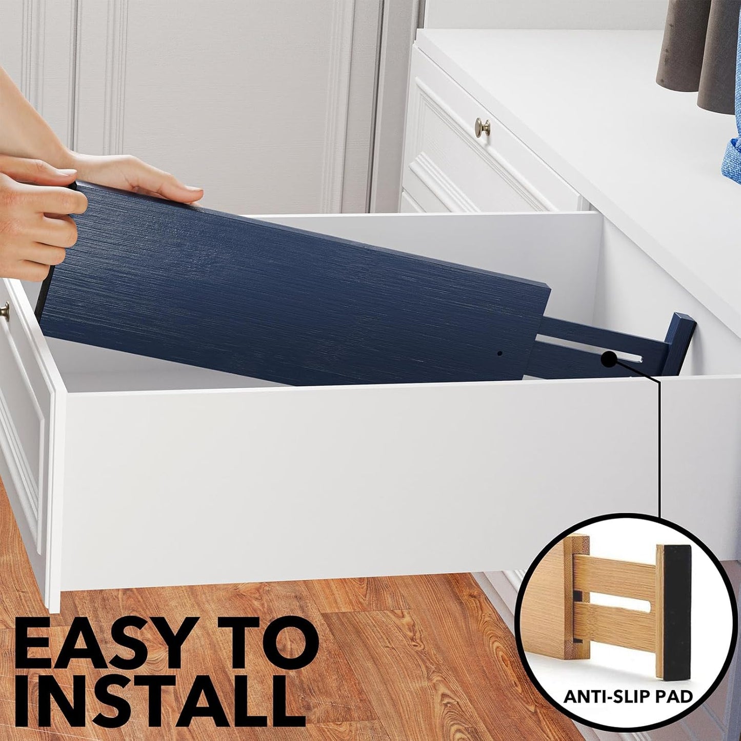 SpaceAid Bamboo 4 Pack Dresser Drawer Dividers, 4.65“ High Adjustable 17“-22” Drawer Organizers, Expandable Organization for Clothing, Clothes, Dressers, Navy Blue