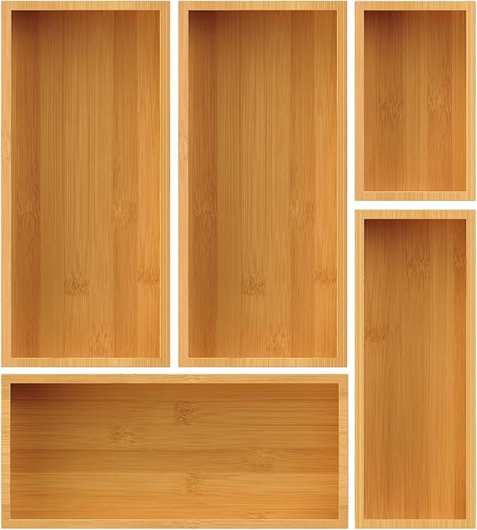 Bamboo Drawer Organizer Set, 5-Piece Storage Trays for Kitchen, Bathroom, Office Desk, Makeup & Junk Drawers,Utensils