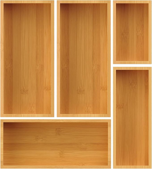 Bamboo Drawer Organizer Set, 5-Piece Storage Trays for Kitchen, Bathroom, Office Desk, Makeup & Junk Drawers,Utensils