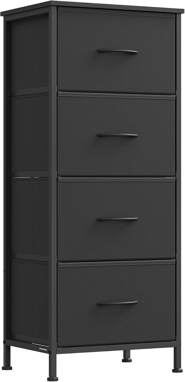 SONGMICS Dresser for Bedroom, Chest of Drawers, Steel, MDF, 4 Non-Woven Fabric Drawers, Storage Organizer Unit, Closet, Entryway, Ink Black and Ebony Black ULGS314B01S