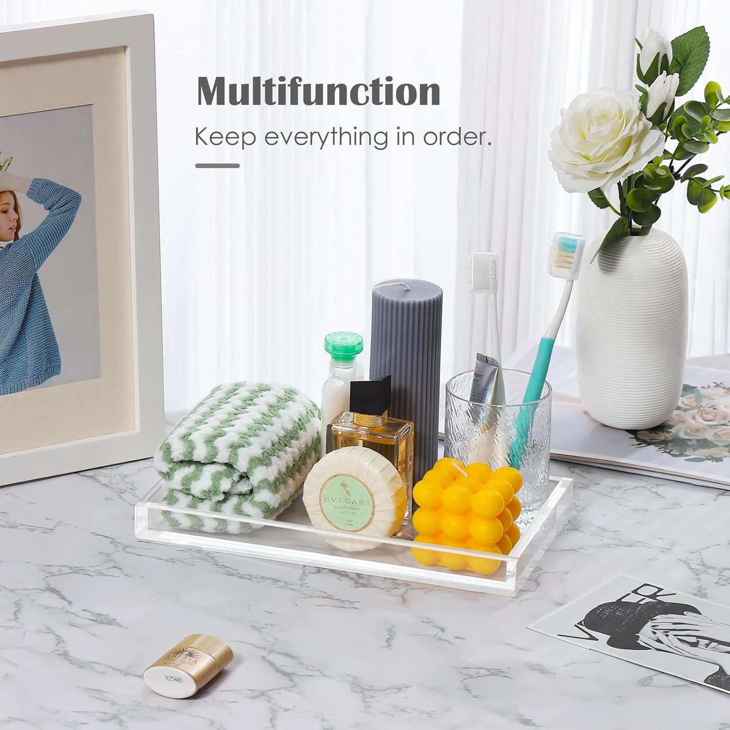 Vanity Tray 8mm Thicken Clear Acrylic Organizer Tray 10.5 * 6" for Bathroom Sink Countertops, Dresser Tops, Toilet, Perfume, Soap, Rings, Earrings and Necklace Small Decorative Tray for Home