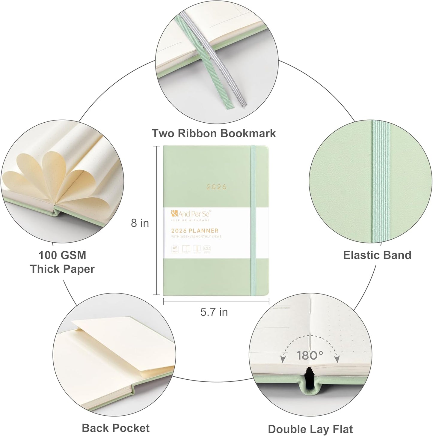 And Per Se 2026 Planner-Daily, Weekly & Monthly Leather Hardcover Planner, 5.7" x 8", Daily Schedule, Monthly Tabs, 100 GSM Thick Paper, Back Pocket(Mint)