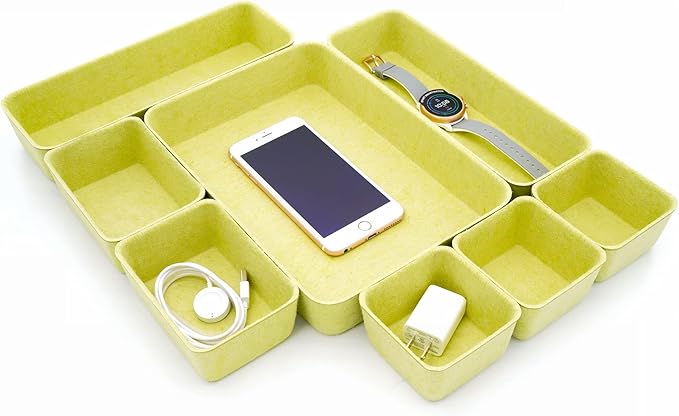 Welaxy Drawer organizers trays Felt storage bin home office Desk Minimalist Lifestyle Natural Shallow Box 8-Piece holiday gift solution (Linden green)