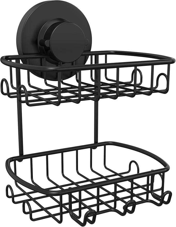 Soap Dish for Shower Suction Cup Powerful Vacuum System Rustproof 304 Stainless Steel Basket Sponges Holder with Razor Hooks for Bathroom or Kitchen Soap Holder, 2 Tier (Black)