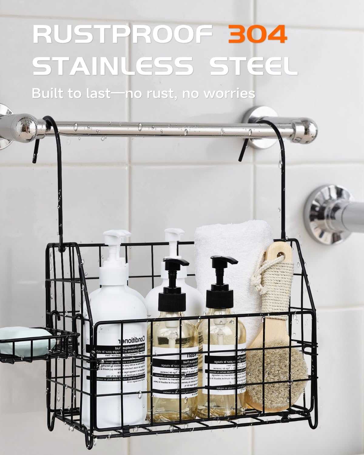 Large Rustproof Shower Caddy Hanging, 304 Stainless Steel Hanging Shower Organizer Basket for Bathroom & Bathtub, Over the Rod Shower Rack for Shampoo, Conditioner, Soap & Bath Accessories