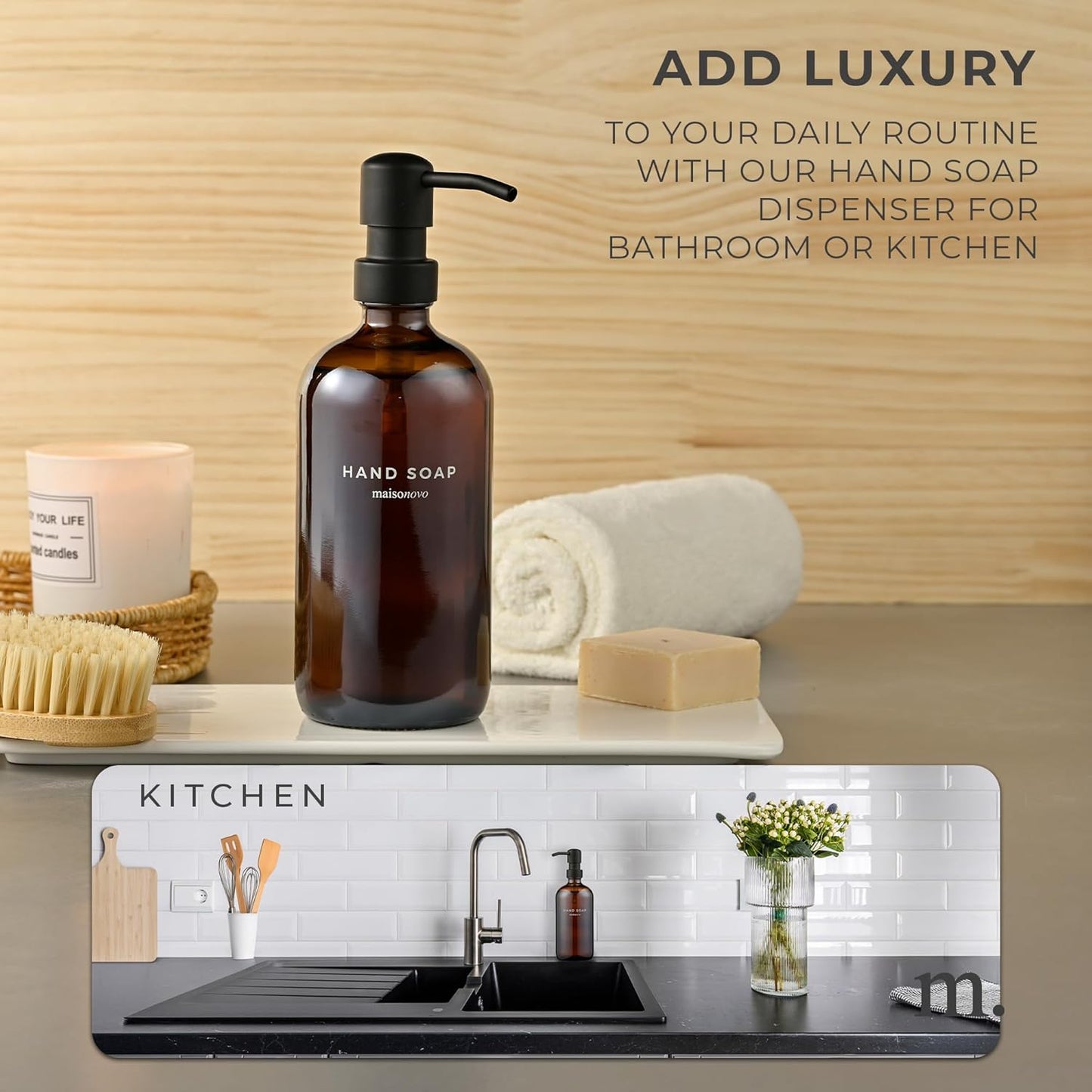 MaisoNovo Soap Dispenser 1-Piece Set | 16.9oz Amber Bottles with Black Stainless Steel Pump