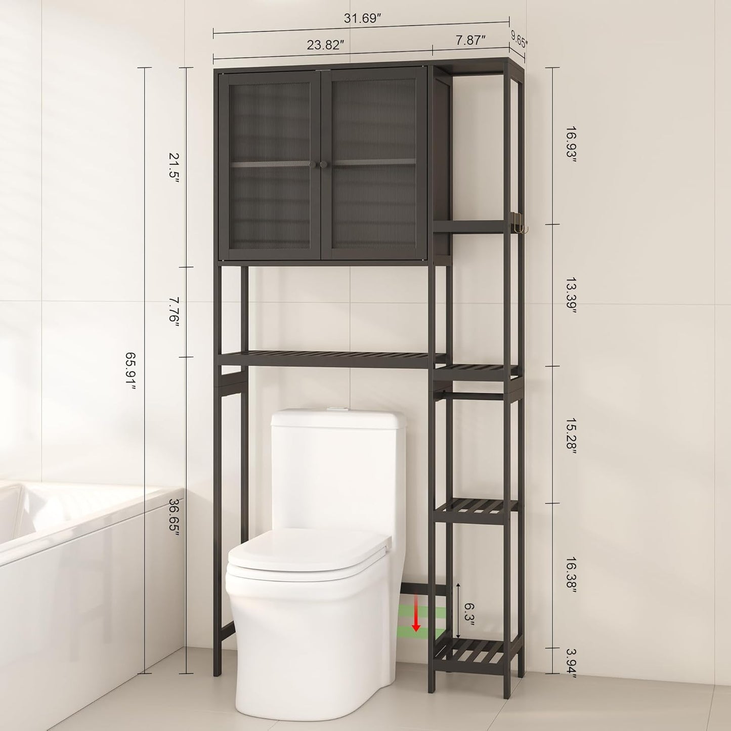 Over The Toilet Storage Cabinet Above Toilet Bathroom Organizer with Toilet Paper Holder Stand Bath Organizer with Adjustable Shelves & Acrylic Doors,Anti-Tip Device (Black)