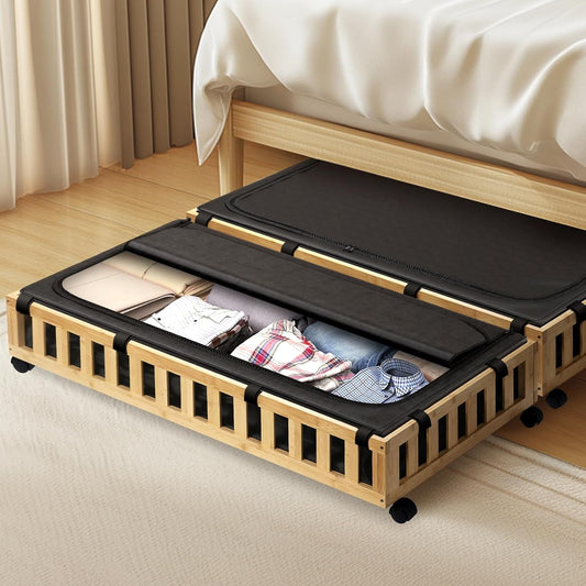 2 Pack Bamboo Under Bed Storage with Wheels, 39”x20”x7.8” Lager Under Bed Storage Containers (Natural)
