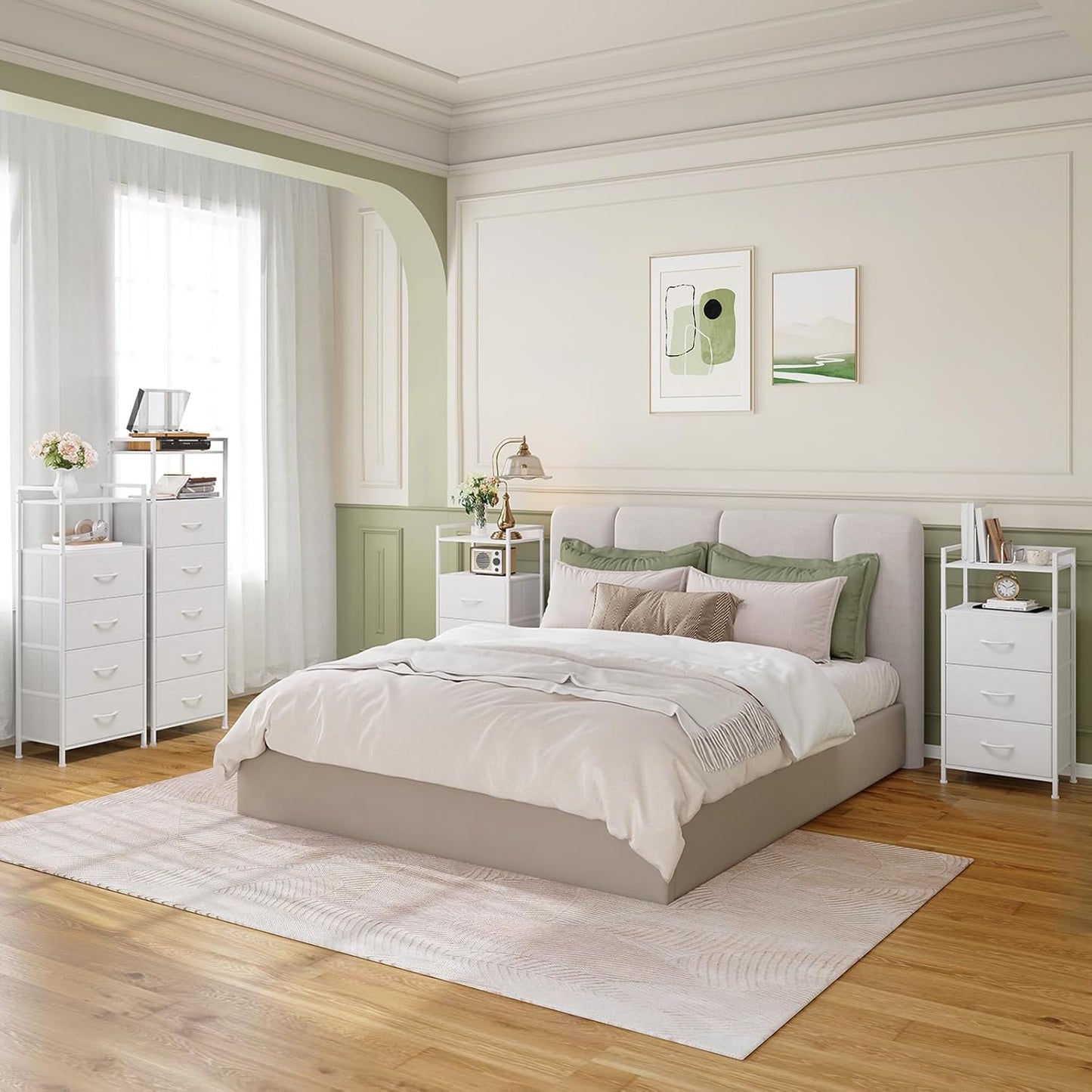 Somdot Nightstand with 3 Drawers, Dresser with Fabric Bins for Bedroom, Hallway, Entryway, Nightstand Bedside Table Furniture, Sturdy Steel Frame, Wooden Top, Easy Pull Fabric Bins, White Leather