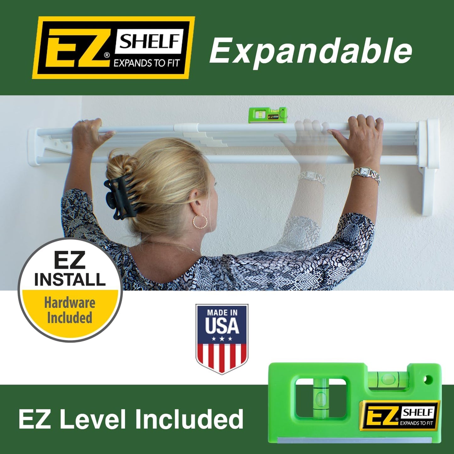 EZ SHELF Closet Shelf with Hanging Rod - 28-48” Expandable, White, Closet Shelves - Strong, Holds 200 lbs - DIY, Easy Install to 2 Side Walls - Alternative to Wire Shelving