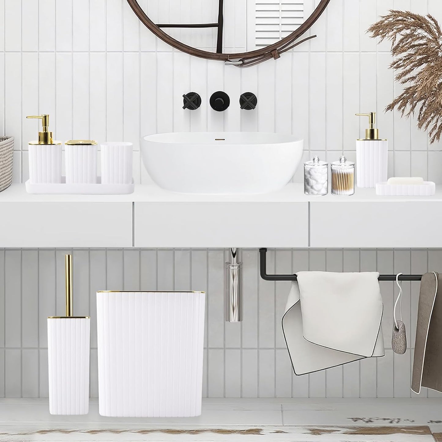 Bathroom Accessories Set - Gorgeous Bathroom Set, 10PC White Bathroom Accessory Set, Toilet Brush, Trash Can, Qtip Holder Dispenser & Soap Dispenser