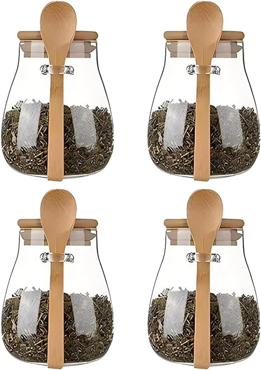 Airtight glass jar storage container with bamboo lid Set of 4, wide mouth, leak-proof, With a spoon, can be used for coffee beans, tea leaves, grains, dried fruits, etc (Small*4pcs)