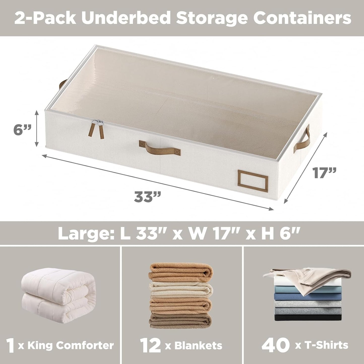 Under Bed Storage, Under Bed Storage Containers Bins for Clothes, Large Linen Underbed Closet Organization Bins, 2 Pack Collapsible Underbed Bin Dorm for Clothes, Sweater, Beige