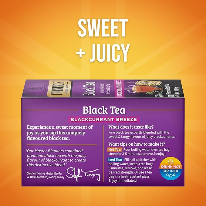 Twinings Blackcurrant Breeze Black Tea Individually Wrapped Bags, 20 Count (Pack of 6), Sweet, Tangy Taste, Caffeinated, Enjoy Hot or Iced, 120 Teabags