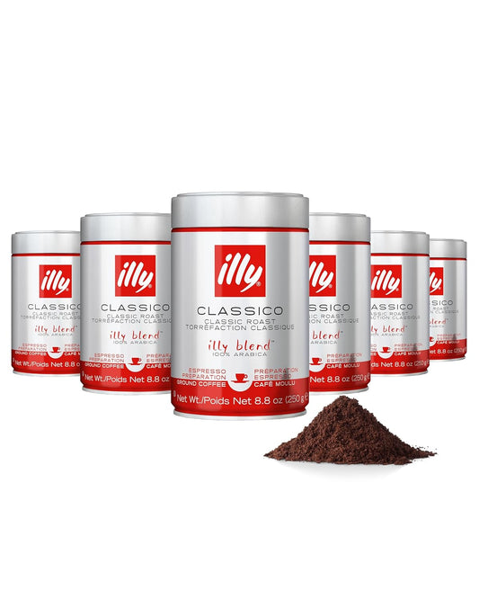 Illy Ground Espresso Coffee, Classico Medium Roast - Mild & Balanced - 100% Arabica - Pre-Ground for Espresso - Pressurized Packaging Sealed for Freshness -8.8oz (Pack of 6)