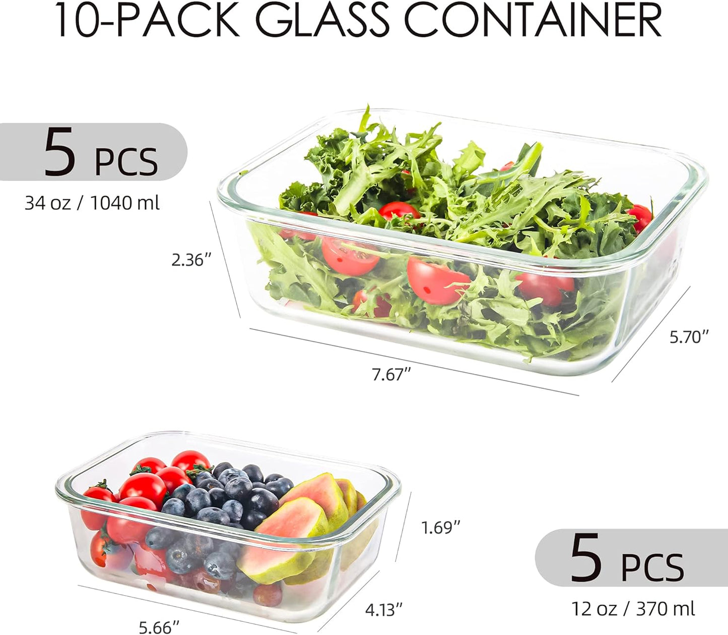 10 Pack Glass Food Storage Containers with Lids, Reusable Meal Prep Containers for Lunch, Airtight Glass Container Sets with Lids, Leak Proof, Microwave & Freezer Safe (34oz & 12oz)