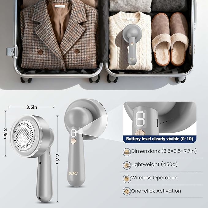 DBC Fabric Shaver, Lint Remover for Clothes with 3-Speeds and 6-Leaf Blades, 2hours runtime, 2 Replaceable Blades, Battery Operated, Sweater Shavers to Remove Pilling for Clothing, Lint Ball - Grey