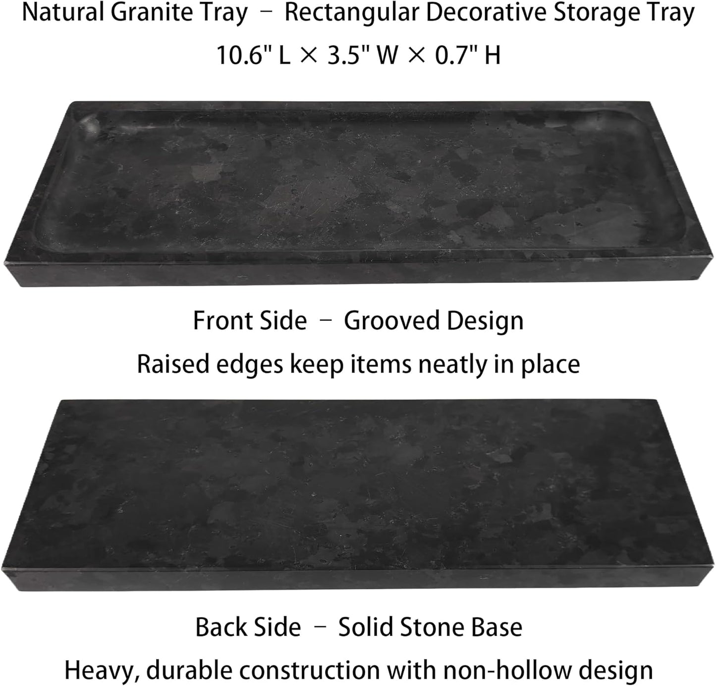 Matte Black Granite Vanity Tray - Natural Stone Rectangular Catchall, 10.6" Decorative Organizer for Bathroom, Entryway, or Desk - Minimalist Display Tray with Unique Veining