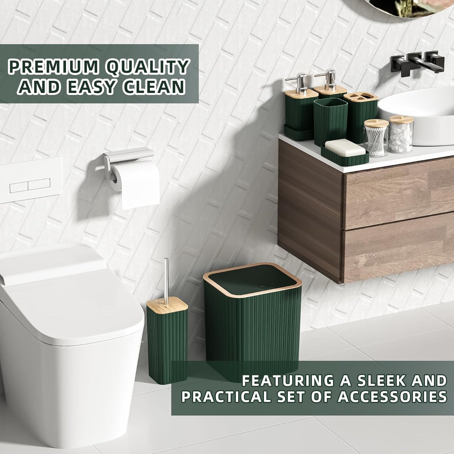 Bathroom Set - Elegant Green Bathroom Set, 10PC Green Bathroom Accessories Set, Bathroom Sets with Toilet Brush, Bathroom Trash Can