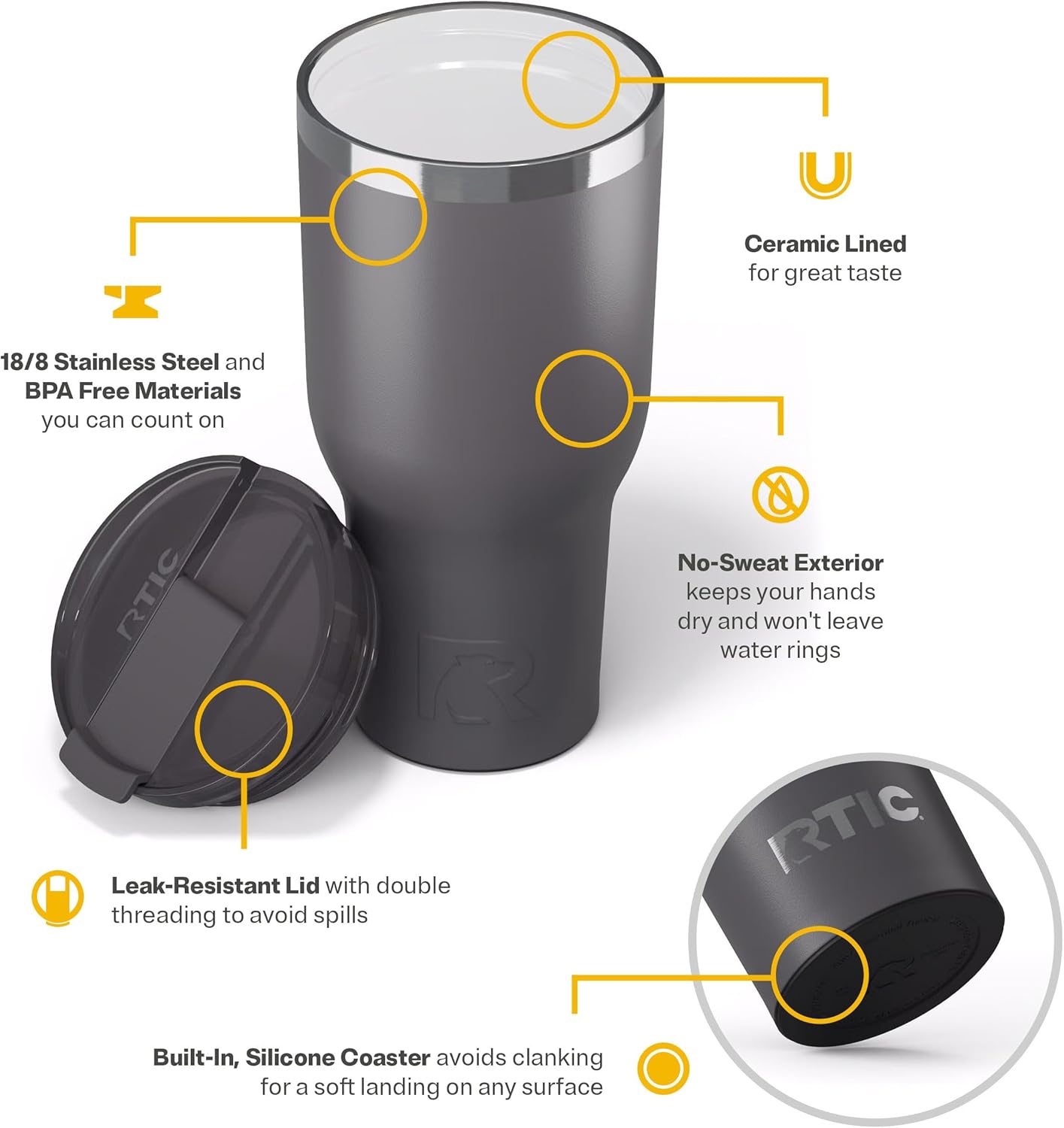 RTIC 40oz Essential Tumbler with Lid, Ceramic Lined, Insulated, Stainless Steel, Metal, Double Wall Vacuum-Insulation, Travel Cup for Iced Coffee, Tea, Hot and Cold Drink, Graphite