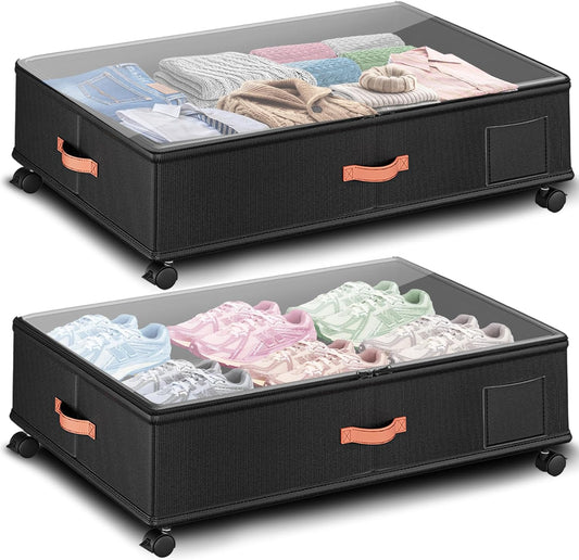 Under Bed Storage with Wheels 2-Pack – 66L XXL Larger Stackable Under Bed Storage Containers with Clear Window & Labels, Rolling Under Bed Drawers for Clothes, Shoes, Blankets (Dark Grey)
