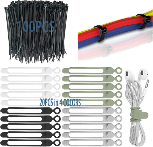 120 Pcs Cable Organizer Set, 20pcs Silicone Cable Ties Reusable & Nylon Cable Ties 100pcs, Multipurpose Elastic Cord Management Organizer for Charger, USB, Phone, Data Cables - Black White Green Grey