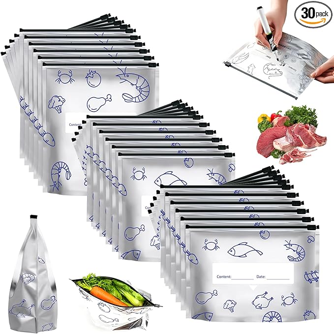 30Pcs Reusable Aluminum Foil Sealable Storage Bags,2026 New Resealable Vacuum Zipper Pouches For Food,Reusable Ziploc Bags,Thicken Stand Up Foil Sealable Bags With Label And Zip Lock(10*S+10*M+10*L)