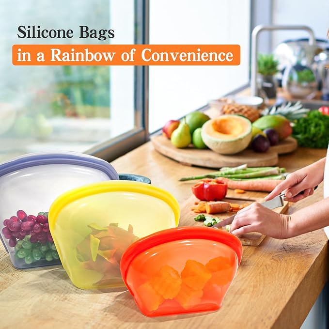 Platinum Silicone Reusable food storage Bags Multipack - 8 Pcs clear freezer storage containers, Double Lock Seal Leakproof reusable snack bags- Oven Dishwasher Freezer Safe - Mix Color