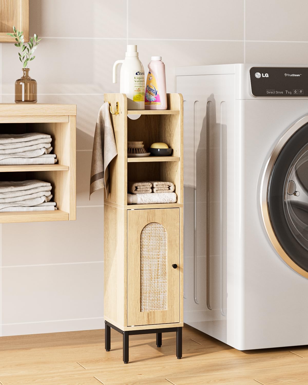 Bathroom Storage Cabinet, Small Corner Floor Hutch with 2Hooks,Narrow Toilet Paper Cabinet with Rattan Door,Bathroom Organizer with Adjustable Shelf, for Small Spaces,Oak